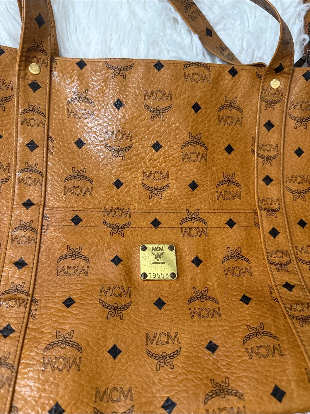 Vintage MCM Cognac Visetos Monogram Shopper Tote with Gold Plaque Large